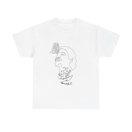 Line Art Inspirational Tee | Unisex Heavy Cotton Shirt with Butterfly and Floral
